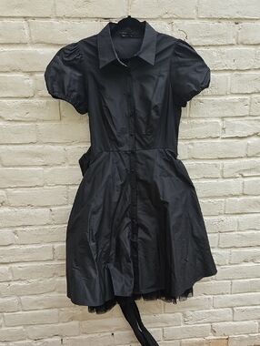 BCBGMaxAzria Black Puff-Sleeve Button Front Mini Dress